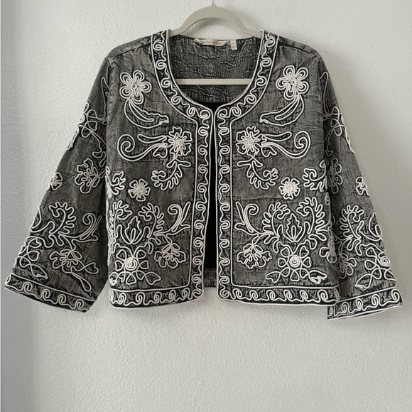 Soft Surroundings Gray Acid Wash Wildwood Bolero Floral Career Jacket Size 1X - Picture 2 of 11